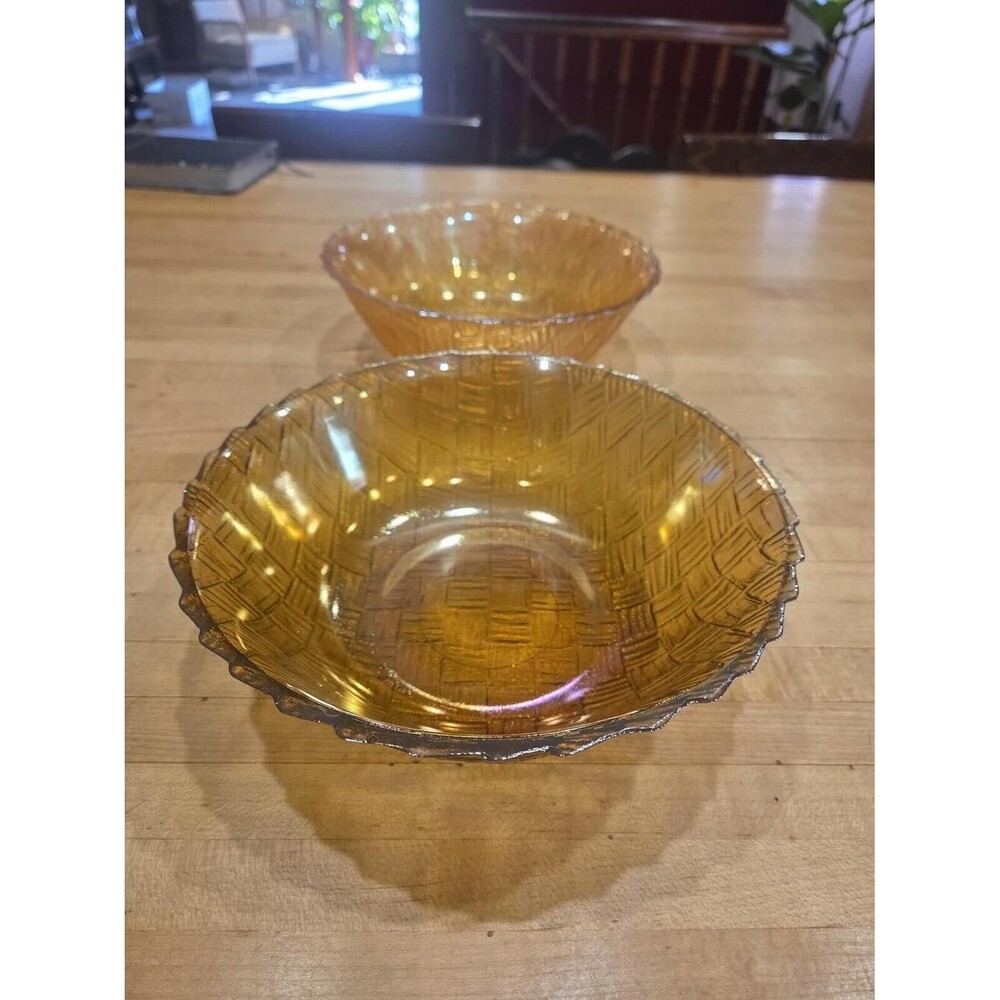 Vintage Indiana Glass Marigold Carnival Glass Basket Weave Nested Bowl Set of 2
